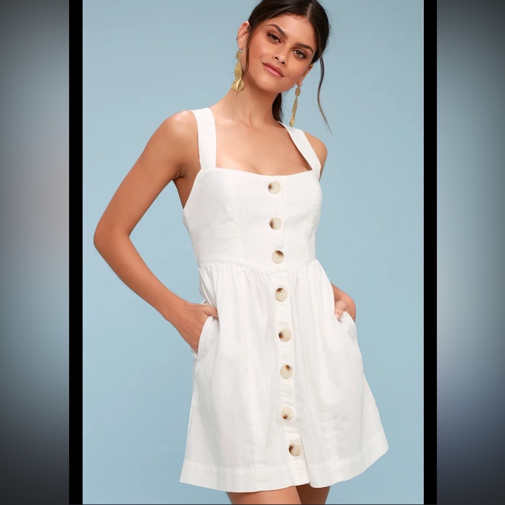 Free People Carolina White Button Up Linen Blend Mini Dress Size 2